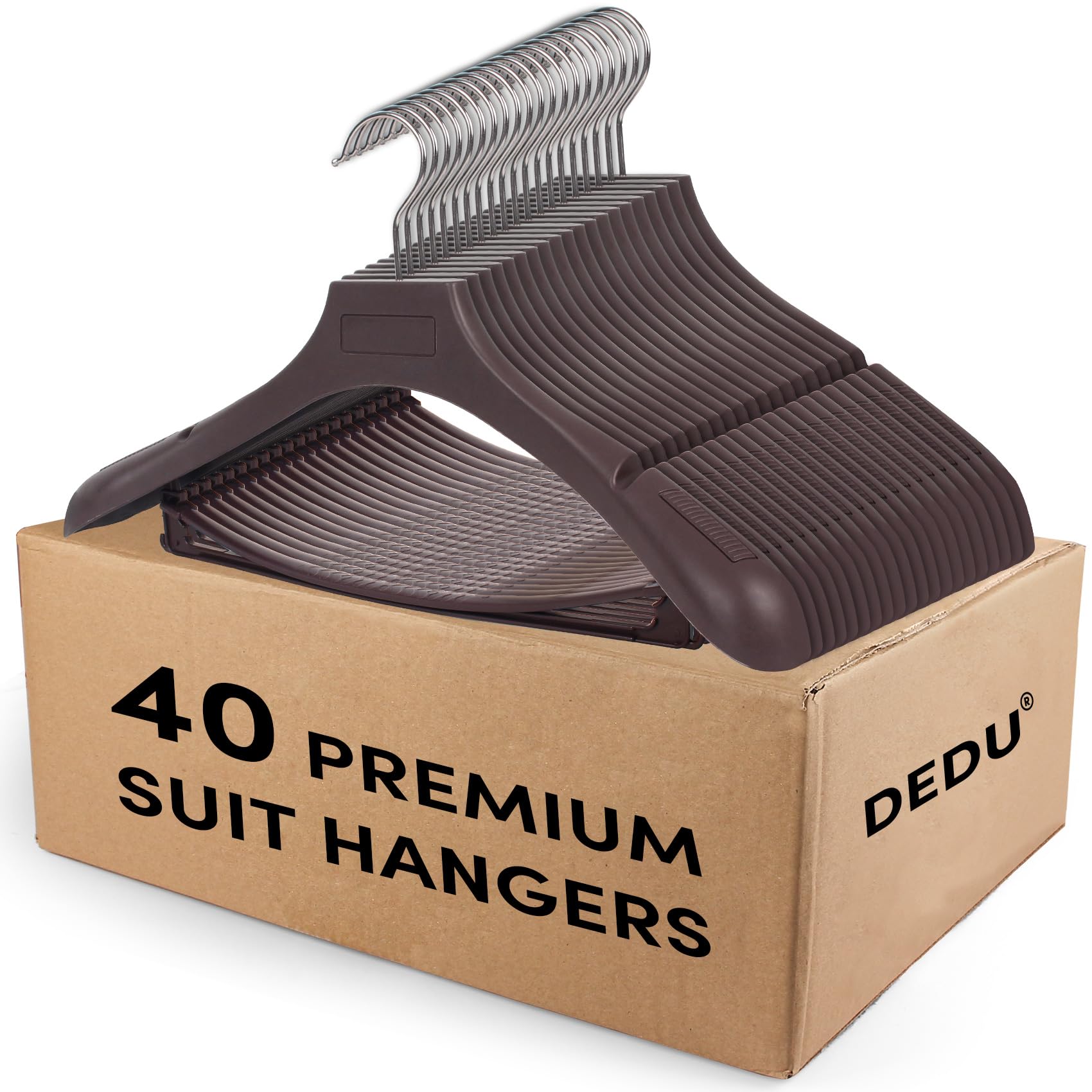 DEDU Suit Hangers for Men 40 Pack, Extra Wide Hangers Non Slip Width 17.7'', Brown Coat Hangers Thick Plastic with Pants Bar 360